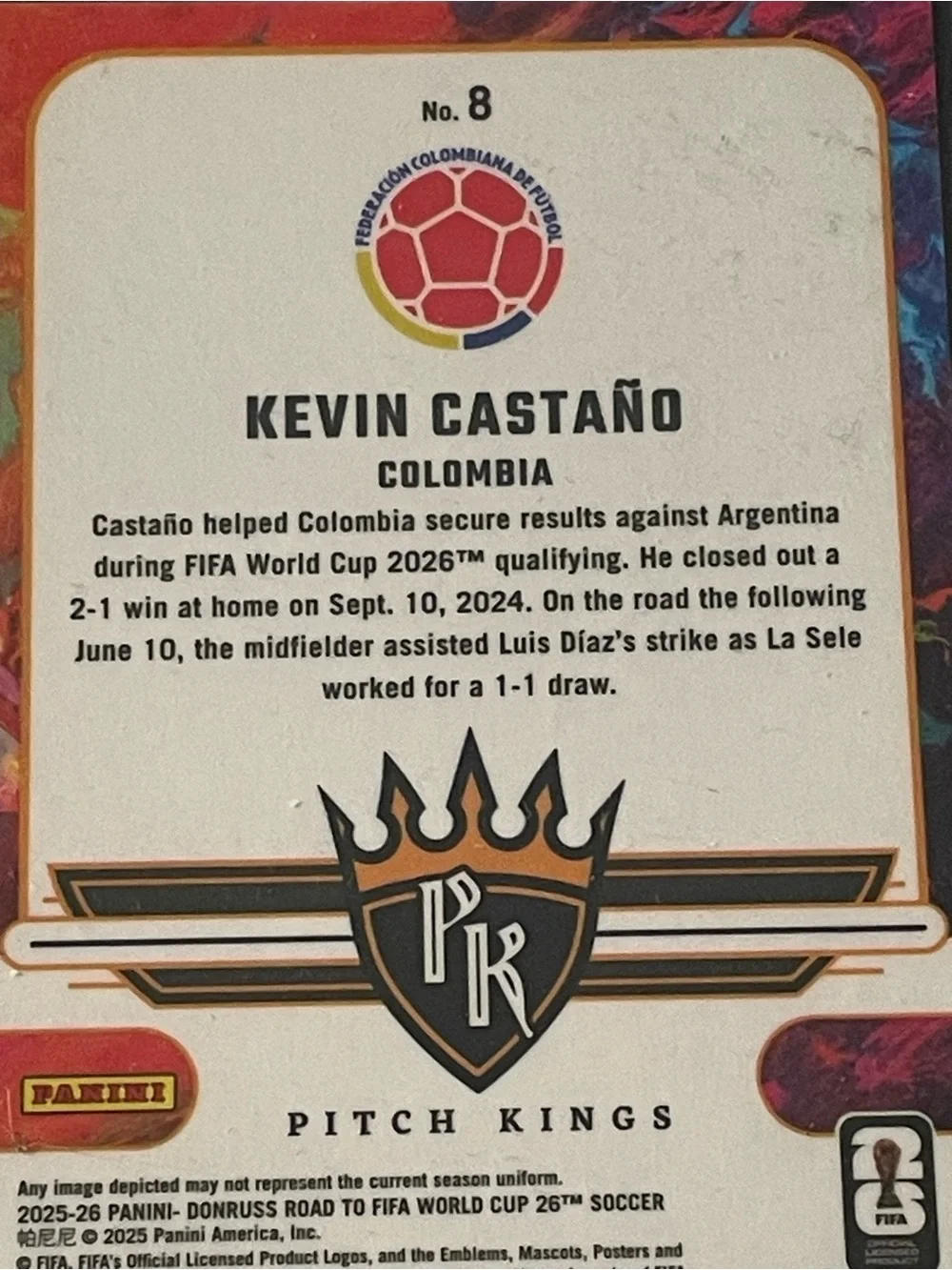 Panini Donruss road to FIFA WC Pitch Kings Kevin Castaño 13/25 Colombia Card